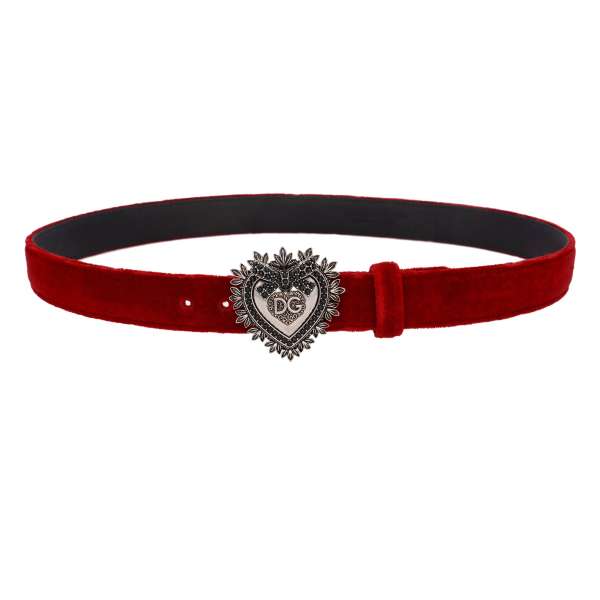 DEVOTION leather and velvet Belt embellished with Pearl Metal Heart in red and gold by DOLCE & GABBANA 