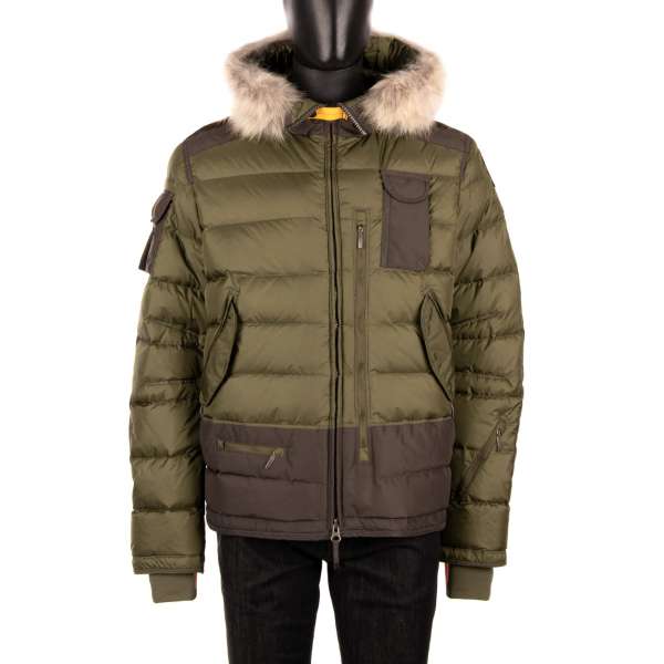 Skijacke / Daunenjacke SKIMASTER aus Nylon-Polyurethan-Taft mit abnehmbarem Echtpelzbesatz, Kapuze und vielen Taschen in Military Grün / Khaki