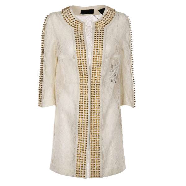 "Alice" lace coat with studded elements in gold and white by PHILIPP PLEIN COUTURE