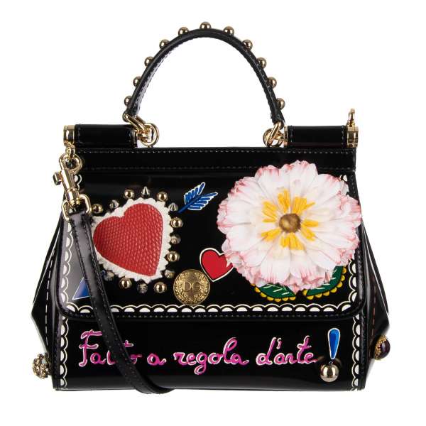 Patent Leather Tote / Shoulder Bag MINI MISS SICILY with Amore Prints, studs, crystals, hearts, flowers and metal logo plate by DOLCE & GABBANA