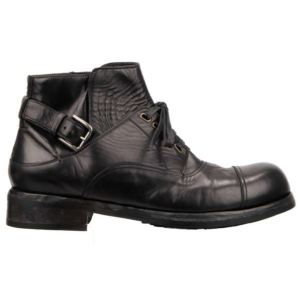 Leder Stiefeletten SAN PIETRO mit Schnürsenkel und Schnalle Verschluß in Schwarz von DOLCE & GABBANA