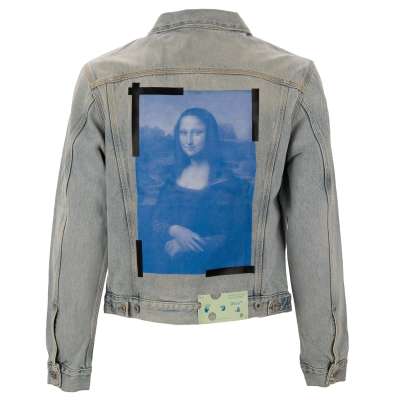 Virgil Abloh Slim Denim Jacke mit Mona Lisa Print und Taschen Blau M