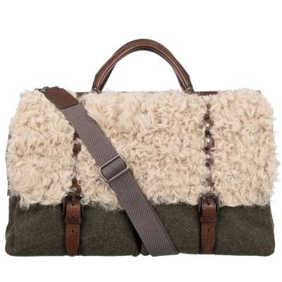 Leather and Fur Travel Bag Khaki Brown