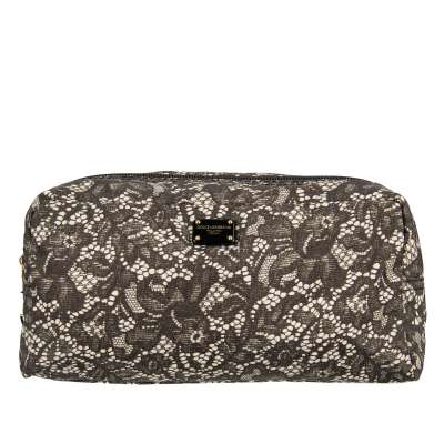 Lace Printed Nylon Pouch Clutch with Logo Black