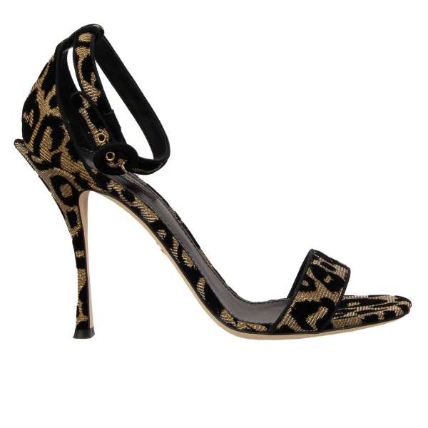 Fabric and leather Heels Sandals KEIRA with leopard pattern in gold and black by DOLCE & GABBANA