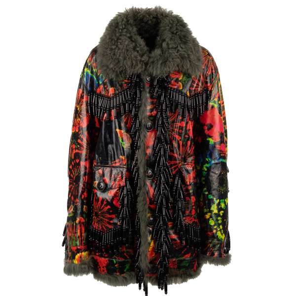 Jacke / Parka aus Leder und Pelz mit Perlen Stickerei in Rot, Schwarz und Grün von DSQUARED