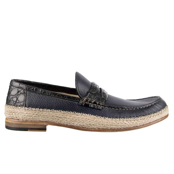 Calf and Caiman Leather moccasins shoes GENOVA with linen knit by DOLCE & GABBANA