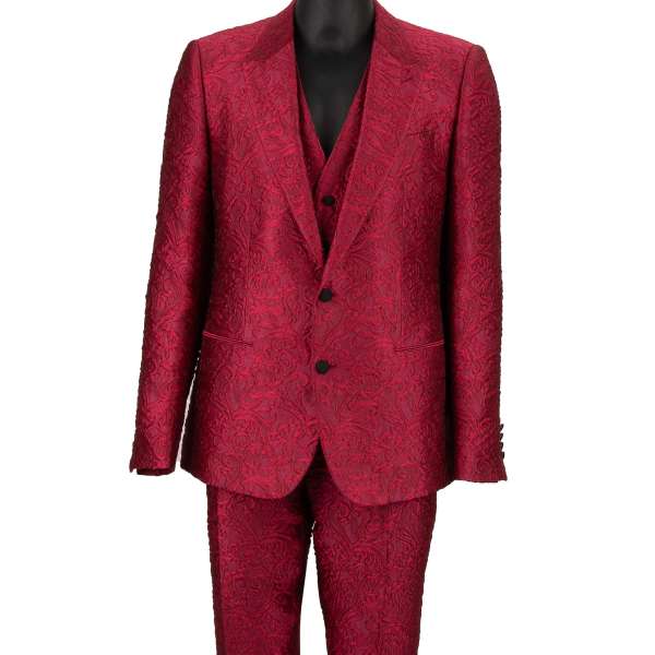 Baroque jacquard 3 piece suit, jacket, waistcoat, pants with peak lapel in pink by DOLCE & GABBANA 