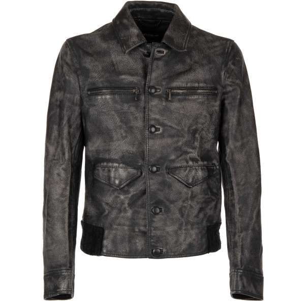 Vintage style leather jacket with front pockets and knitted details by DOLCE & GABBANA