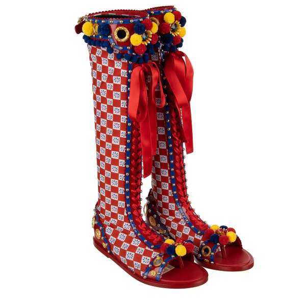 Fabric and patent leather Carretto Boots Sandals PORTOFINO with crystals embellished buckle and brass applications in red, blue, green and yellow by DOLCE & GABBANA