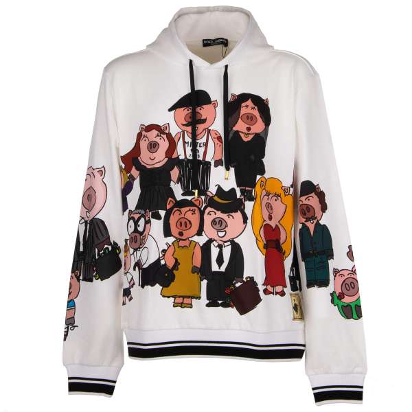 Hooded Sweater / sweatshirt with Pig Family Print in white by DOLCE & GABBANA