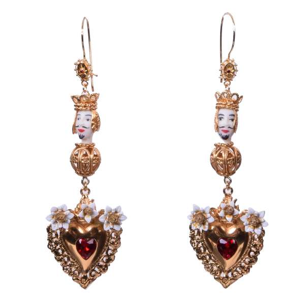 "Sicily" Testa die Moro Earrings with Heart, Crystals and Flowers in Gold by DOLCE & GABBANA