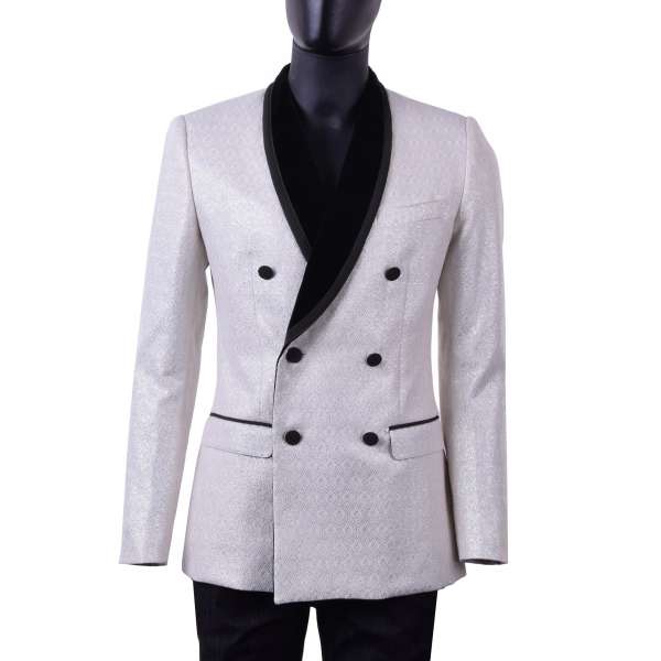 Double-breasted baroque style brocade tuxedo jacket with round velvet collar with shiny silver applications by DOLCE & GABBANA Black Label