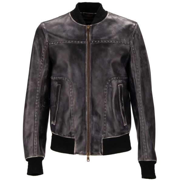 Lederjacke aus Bullenleder im Bomber-Stil mit ausgewaschenem Farbeffekt, dekorativen Nähten und Details aus Strick von DOLCE & GABBANA