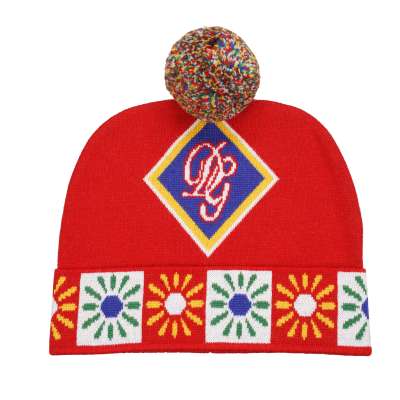 Carretto DG Logo Pom Pom Virgin Wool Wool Hat Beanie Red