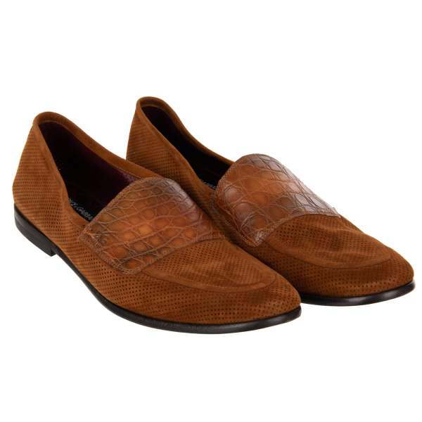 Exclusive Caiman and perforated suede Goat Leather moccasins shoes KING CITY in brown by DOLCE & GABBANA