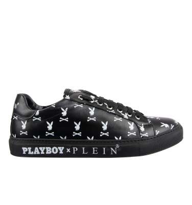 Low-Top Skull Printed Leather Sneaker Schwarz Weiß