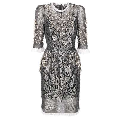 Baroque Pearls Crystals Lace Dress Silver 40 S