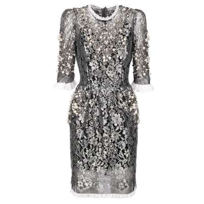 Barock Perlen Spitze Kleid Silber 40 S