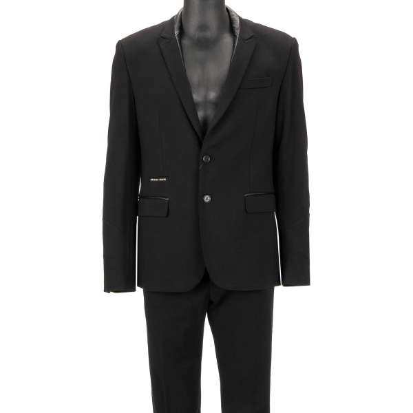 2 piece suit with faux leather elements and PP metal Logo on the back in black by PHILIPP PLEIN