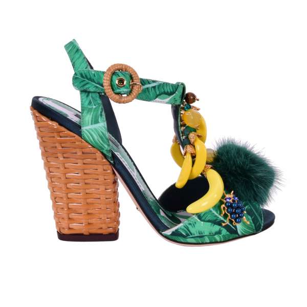 Silk banana leafs printed Wedges / Sandals KEIRA embellished with banana, crystals, mink fur and a bug brooch by DOLCE & GABBANA Black Label
