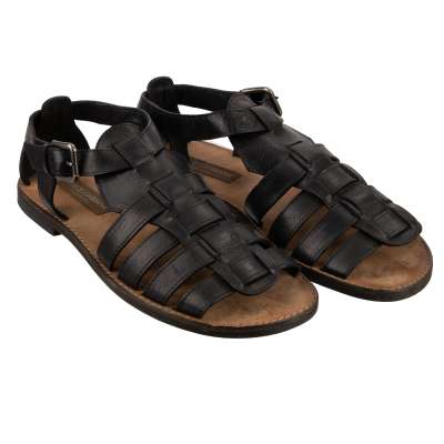 Rome Woven Leather Buckle Sandals Shoes Black 43 UK 9