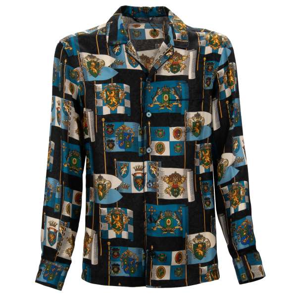 Silk shirt with Baroque Royal crown, lion coat of arms print and front pocket in black and blue by DOLCE & GABBANA
