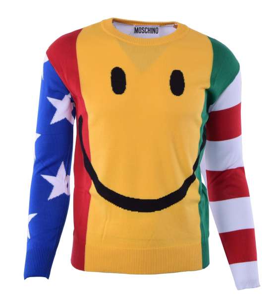 Gestrickter Pullover mit Aufdruck von USA, Japan, Afrika Flaggen von MOSCHINO COUTURE
