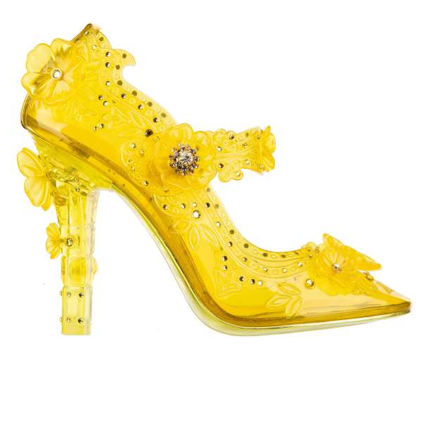 Cinderella transparent Pumps made of PVC embellished with rhinestones and flowers in yellow by DOLCE & GABBANA 