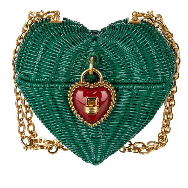 Unique fully hand-crafted cross-body bag / clutch HEART BOX made of woven wicker, painted by hand with decorative heart padlock and chain strap by DOLCE & GABBANA