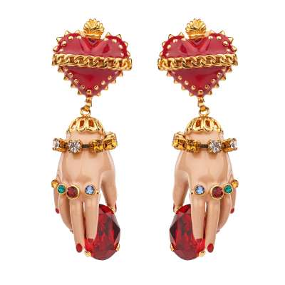 Mani Crystal Heart Hand Bracelet Clip Earrings Red Gold