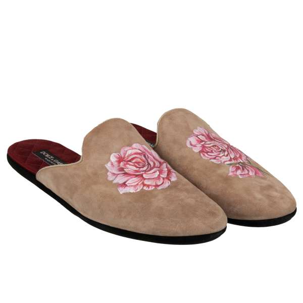 Suede slipper shoes YOUNG POPE with hand made painted roses in beige by DOLCE & GABBANA