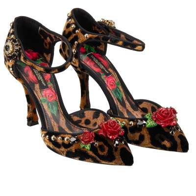 Leopard Samt Perlen Kristall Rosen Samt Pumps LORI Schwarz Braun 