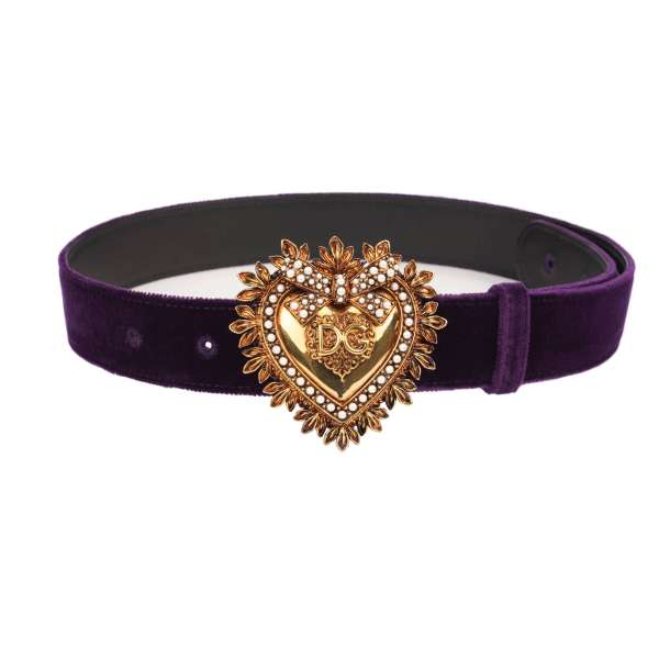 DEVOTION Gürtel aus Leder und Samt mit Metall Perlen Herz in Lila und Gold von DOLCE & GABBANA 