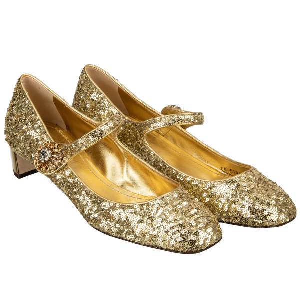 Sequin Mary Jane Pumps VALLY in gold with crystal heels and crystal strap closure by DOLCE & GABBANA