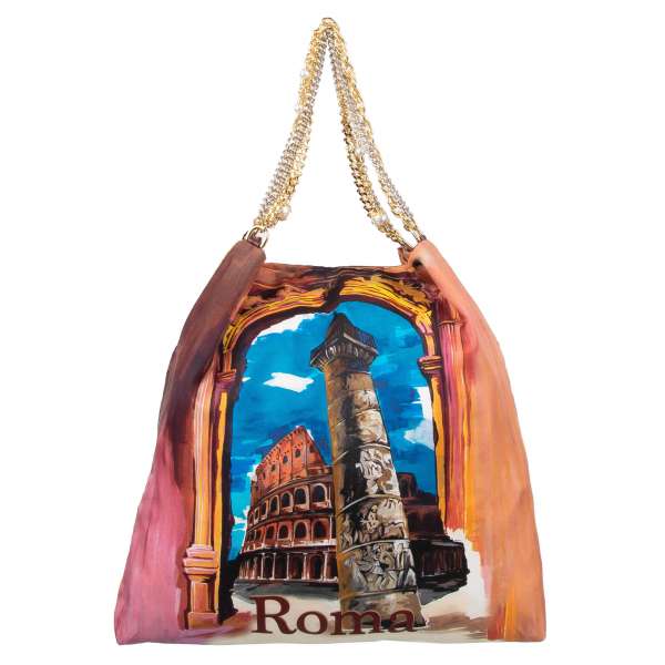 100% Silk Tote / Shopper Bag with ROMA Print and two metal chain handles embellished with pearls by DOLCE & GABBANA