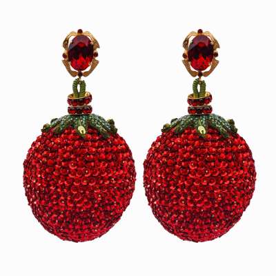 Baroque Crystal Sequin Strawberry Clip Earrings Gold Red