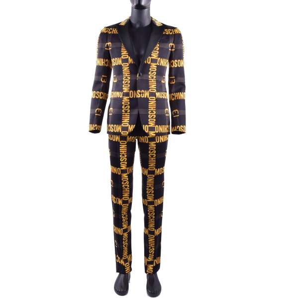 Gold Logo Printed Suit made of virgin wool with silk contrast reverse by MOSCHINO COUTURE
