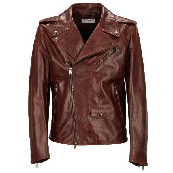 Biker style waxed lamb leather jacket with many pockets and zips by DOLCE & GABBANA