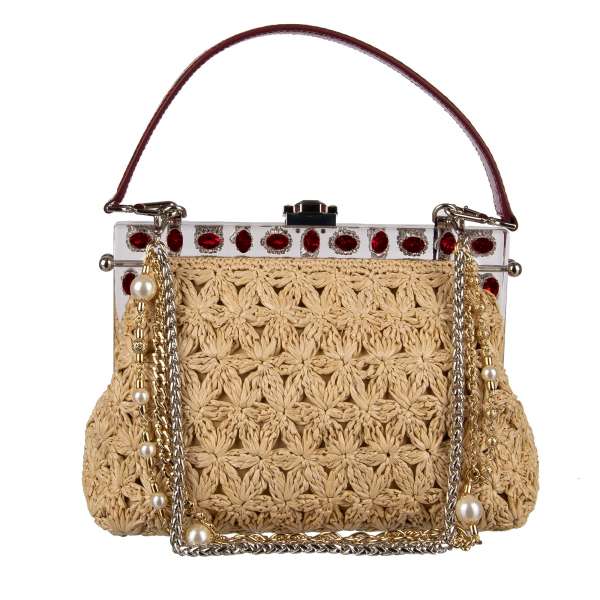 Raffia clutch / evening bag VANDA with jeweled chain strap, snakeskin strap and crystals embellished frame by DOLCE & GABBANA