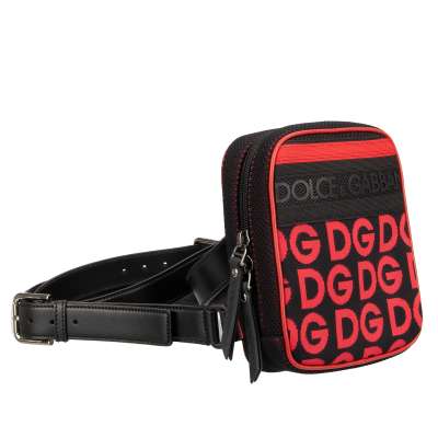 Kleiner Canvas Leder Rucksack mit Reißverschluss und Monogramm Print Schwarz Rot