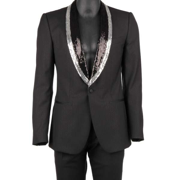 Wool an Silk Blend suit with sequin embroidered shawl lapel in silver and black by DOLCE & GABBANA SICILIA Line