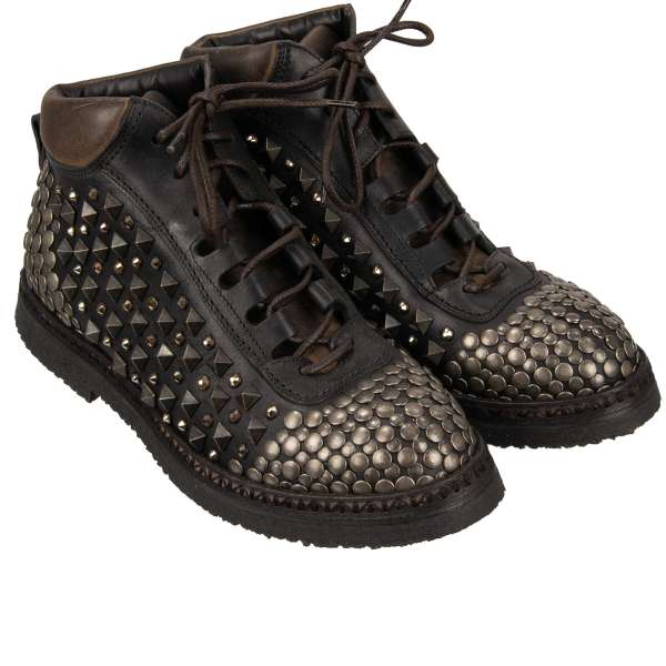 Trekking Style Leather Boots CORTINA with crystals and studs in black and brown by DOLCE & GABBANA 