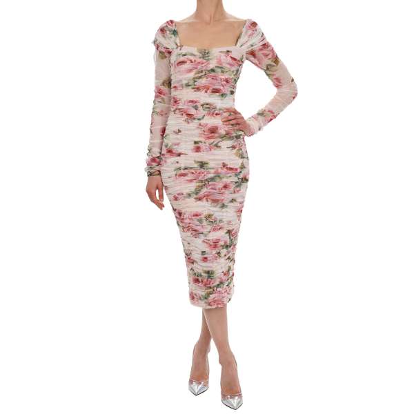 Runway stretch tulle corsage dress with roses print in pink by DOLCE & GABBANA