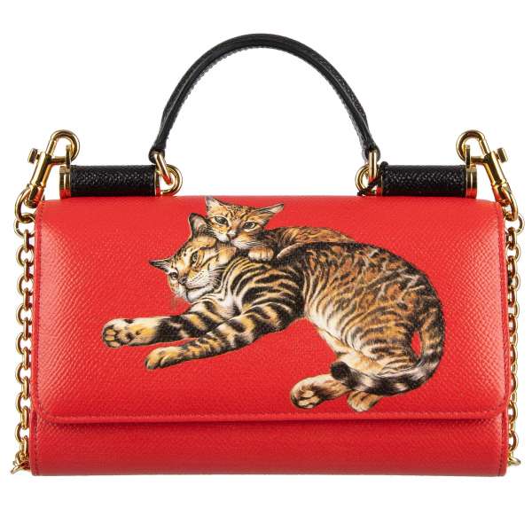 Crossbody leather clutch bag / wallet SICILY VON BAG in red / black with cats print, logo plate and many slots by DOLCE & GABBANA