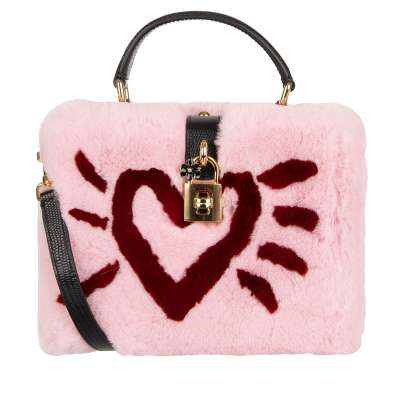 Clutch Tasche DOLCE BOX aus Hasenpelz und Leder mit Logo und Herz Pink