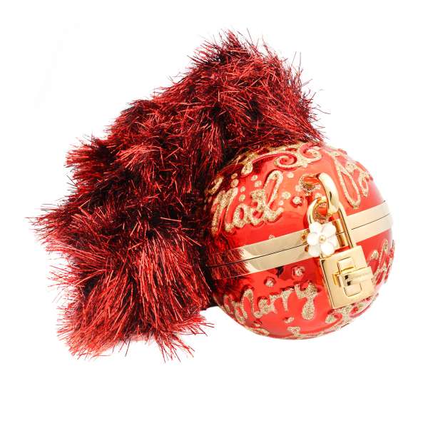 Unique handcrafted Christmas Ball clutch box bag DOLCE BAG with Christmas lettering and decorative buckle by DOLCE & GABBANA