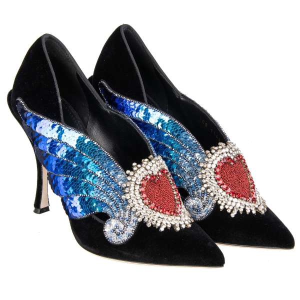 Pointed Velvet Pumps LORI in black with crystals and sequin Sacred Heart and Wings embroidery by DOLCE & GABBANA