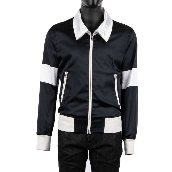Athletic jacket with high zip collar and elastic knitted waist and cuffs in white and black by DOLCE & GABBANA