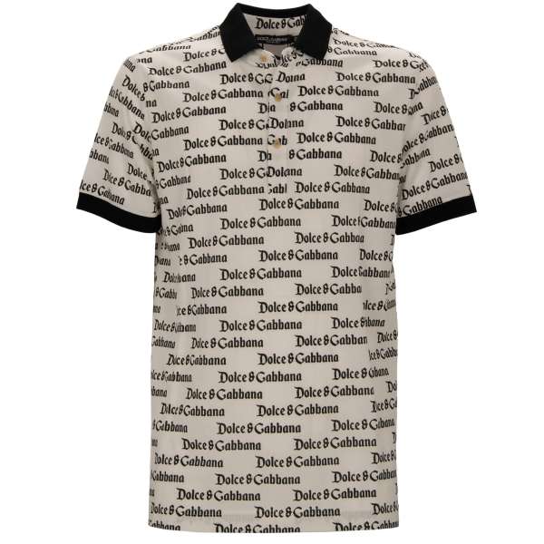 Cotton Polo Shirt with logo print in black and white by DOLCE & GABBANA